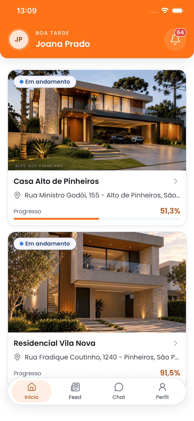 Tela inicial do aplicativo do Apar com as obras do cliente, cada uma com foto, endereço, situação e progresso.
