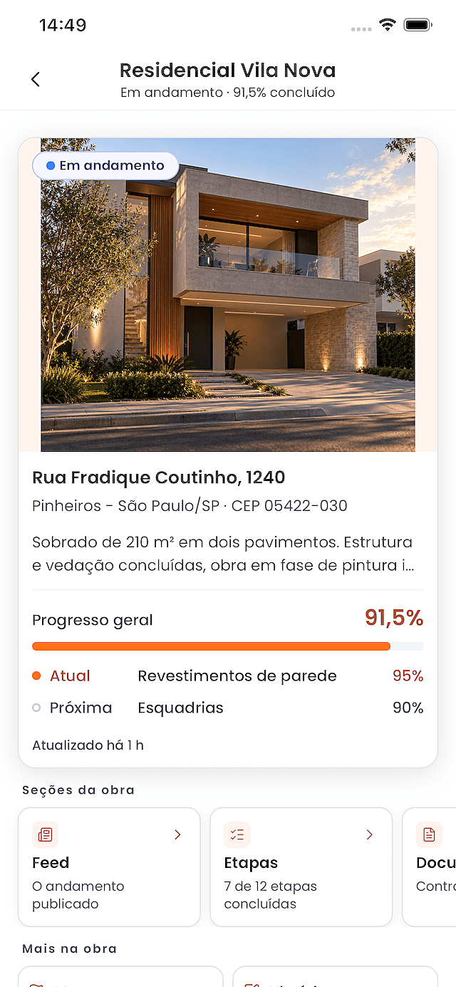 Tela de uma obra no aplicativo do Apar, com foto de capa, endereço, progresso geral em porcentagem e a etapa atual e a próxima.