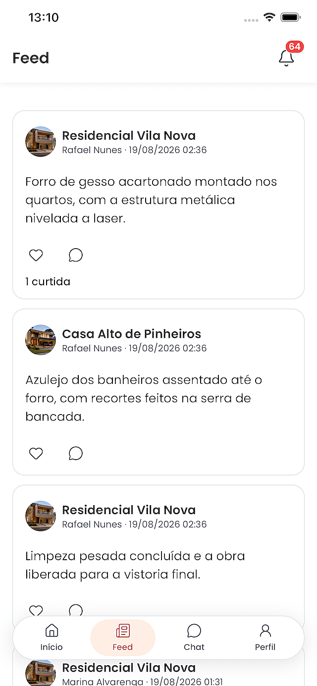 Tela do feed do aplicativo do Apar, com as publicações de andamento de duas obras, cada uma com autor, data e comentários.